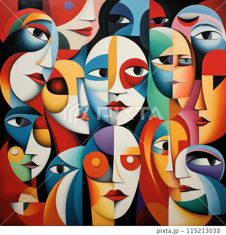 Cubist portrait convergence in a vibrant palette. AI generation 115213038