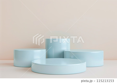 Four Round Podiums for Cosmetic, Soap, Items Presentation. Abstract Minimal Geometric Pedestal. Cylinder Forms, Soft Shadow. Product Object Show Scene. Showcase, Display Case. Beige Stand Backdrop Ad 115213153