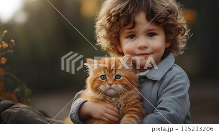 猫と男の子/茶猫が大好きな少年 115213206