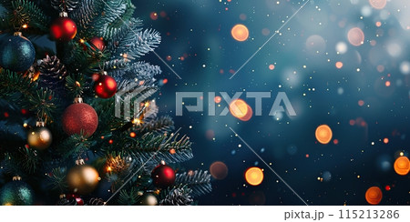 Dark blue Christmas background with decorated sparkling Christmas tree, blurred bokeh lights, red baubles. Copy space. Festive night wide banner template. Defocused sparkle, snowflakes. Holiday season 115213286