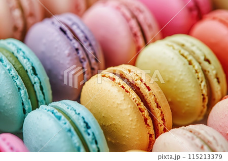 Colorful Macaroons sweet cakes set. Many assorted different pastel colours french macarons cookies. Food banner for menu, boutique, store. Pastry shop card. Copy space. Confectionery, cafe, restaurant 115213379