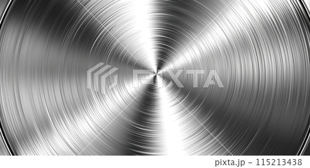 Brushed stainless steel plate background texture horizontal. Silver metal texture backdrop design. Shiny metallic surface. Polished aluminum clean tidy round pattern. Gray circle industrial banner 115213438