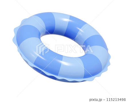 Inflatable ring icon for summer sea beach vacation or swimming pool relax - 3d render illustration. Blue pastel striped float rubber buoy. Aquapark or summertime seashore travel lifesaver equipment. 115213498