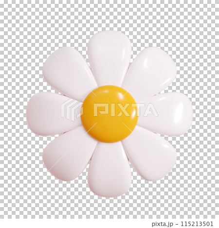 Daisy plastic flower cartoon icon 3d render illustration. Cute chamomile bubble bloom with white petals for spring and summer design. Abstract glossy balloon blossom . Garden floral element. 115213501