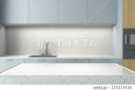 Marble podium for presentation on the background of an empty blurred light kitchen 115213516