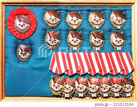 Orders of the Red Banner with the inscription "Proletarians of all countries, unite" and "USSR". Established in 1918 Orders of the Red Banner with the inscription "Proletarians of all countries, unite" and "USSR". Established in 1918 115213534