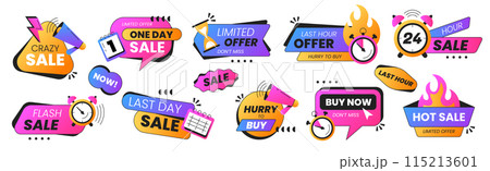 Last time offer badges, crazy sale promo stickers for discount shopping Last time offer badges, crazy sale promo stickers for discount shopping 115213601