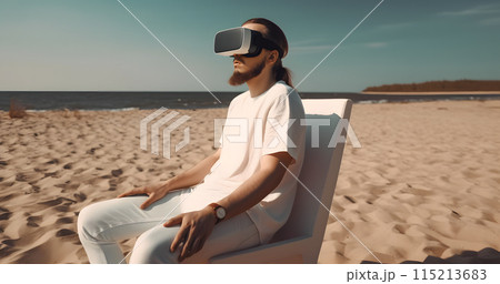 man in VR glasses or a virtual reality headset is relaxed sitting in an armchair on the beach by the sea. Generative AI 115213683
