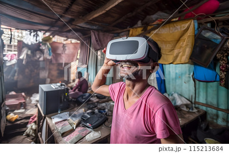 Happy man in virtual reality glasses in the slums and mess, escape from reality, virtual life concept. Generative AI 115213684