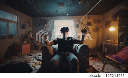 Happy man in virtual reality glasses in a mess in a room at home, escape from reality, virtual life concept, blurred motion. Generative AI 115213685