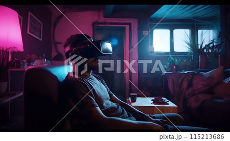 Happy man in virtual reality glasses in a mess in a room at home, Video game addiction, virtual life concept, in neon light. Generative AI 115213686