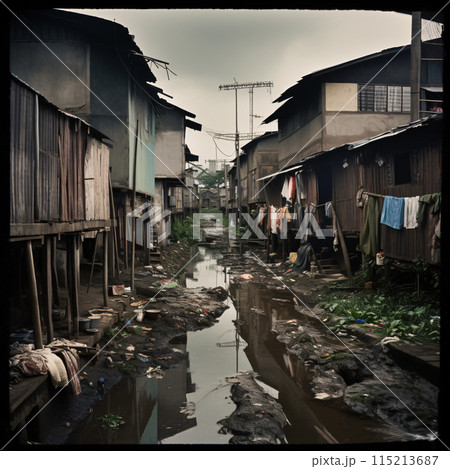 Abandoned huts, old houses or slums. Generative AI 115213687