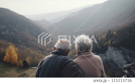 Elderly senior couple hugging while walking or traveling in the mountains, back view, AI generated 115213716