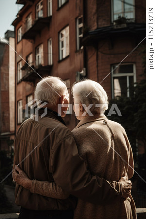 Elderly senior couple hugging and walking or traveling in the city, back view, AI generated Elderly senior couple hugging and walking or traveling in the city, back view, AI generated 115213719