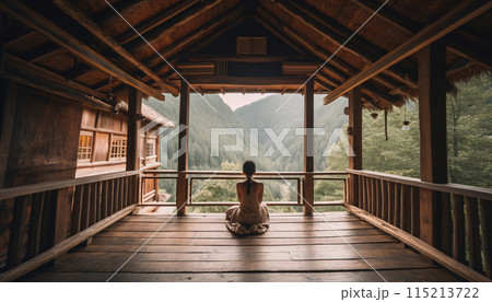 Mental health care concept, Woman yoga meditation sitting on terrace in nature. AI generated 115213722