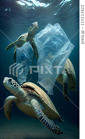 Three turtles and a plastic bag underwater, World Ocean Pollution, generated by AI 115213822
