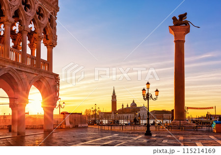 Beautiful sunrise view of Doge's Palace (Palazzo Ducale), Lion of Saint Mark and piazza San Marco in Venice, Italy. Beautiful sunrise view of Doge's Palace (Palazzo Ducale), Lion of Saint Mark and piazza San Marco in Venice, Italy. 115214169