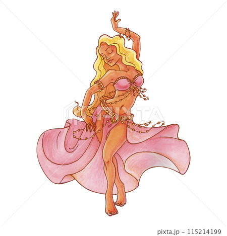 Graceful girl with blond hair dancing oriental dance with inspiration. Isolated watercolor illustration for postcard, poster design, belly dance studio advertisement. Femininity and sexuality concept 115214199