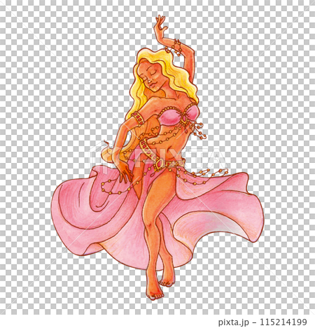 Graceful girl with blond hair dancing oriental dance with inspiration. Isolated watercolor illustration for postcard, poster design, belly dance studio advertisement. Femininity and sexuality concept 115214199