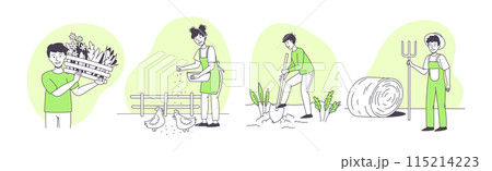 Farmer People Character Doing Agricultural Work Vector Set 115214223
