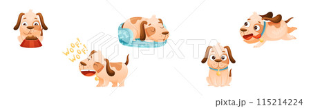 Cute Dog with Collar as Domestic Pet Engaged in Different Activity Vector Set 115214224