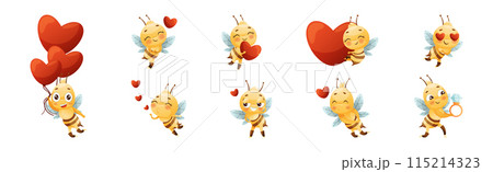 Cute Bee Character with Striped Yellow Body and Wings Engaged in Different Activity Vector Set Cute Bee Character with Striped Yellow Body and Wings Engaged in Different Activity Vector Set 115214323