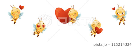 Cute Bee Character with Striped Yellow Body and Wings Engaged in Different Activity Vector Set 115214324