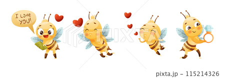 Cute Bee Character with Striped Yellow Body and Wings Engaged in Different Activity Vector Set 115214326