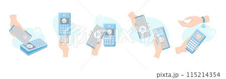 Contactless Payment with Hand Paying with Smartphone, Plastic Card and Wrist Watch Vector Set Contactless Payment with Hand Paying with Smartphone, Plastic Card and Wrist Watch Vector Set 115214354