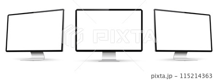 Three monitor with empty display, realistic set device screen mockup 115214363