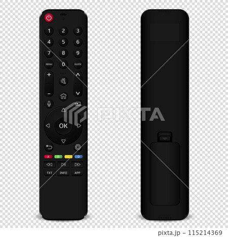 Realistic TV remote control front and back side isolated on transparent background Realistic TV remote control front and back side isolated on transparent background 115214369