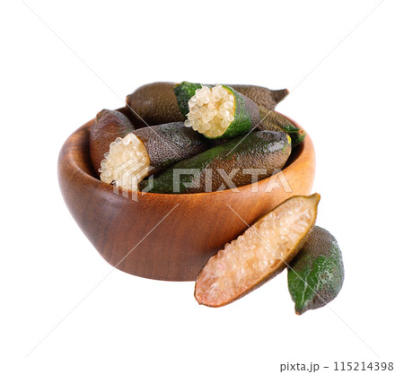 Fresh finger limes in wooden bowl isolated on white background. Caviar lime. Fruits pods. Fresh finger limes in wooden bowl isolated on white background. Caviar lime. Fruits pods. 115214398