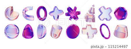 3D holographic geometric shapes set, glass gradient crystal objects, y2k futuristic modern figure. 3D holographic geometric shapes set, glass gradient crystal objects, y2k futuristic modern figure. 115214497