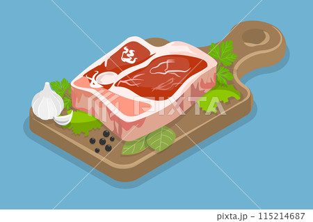 3D Isometric Flat Vector Illustration of Raw Beaf Steak, Fresh Meat for Grill 115214687