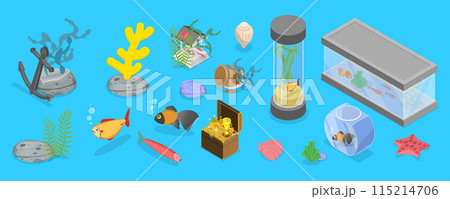 3D Isometric Flat Vector Set of Aquariums, Beautiful Fish Tanks 115214706