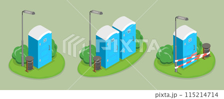 3D Isometric Flat Vector Set of Portable Toilets, Public Convenience Facilities 115214714