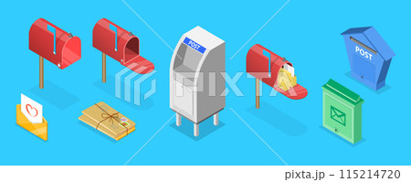 3D Isometric Flat Vector Set of Mailboxes, Post Elements 3D Isometric Flat Vector Set of Mailboxes, Post Elements 115214720
