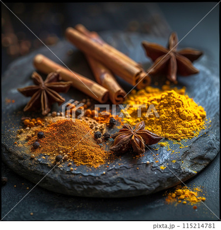 Assorted spices including cinnamon, star anise, and peppercorns on a dark slate board. Generated AI. 115214781