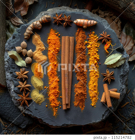 Assorted spices including cinnamon, star anise, and peppercorns on a dark slate board. Generated AI. 115214782