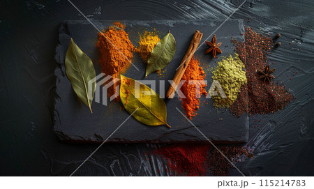 Assorted spices including cinnamon, star anise, and peppercorns on a dark slate board. Generated AI. 115214783