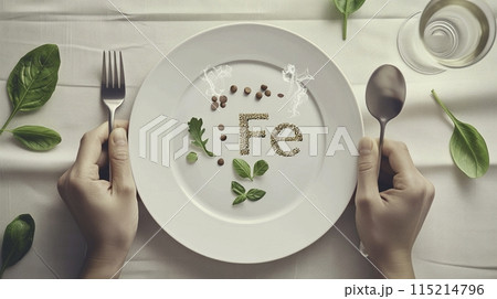A plate with "Fe" spelled out in seeds, held by hands with cutlery on a wooden table. Generated AI. 115214796