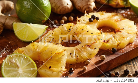 Grilled pineapple slices with lime, ginger, and spices on a wooden board. Generated AI. Grilled pineapple slices with lime, ginger, and spices on a wooden board. Generated AI. 115214802