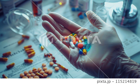 A hand holding various colorful pills and capsules over documents. Generated AI. 115214819