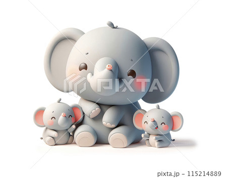 3D funny cute cartoon elephant and elephant babies on white background. 115214889