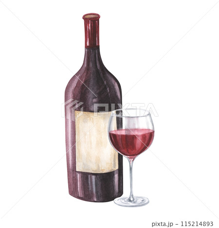 Bottle and glass of red wine watercolor illustration. Hand drawn isolated on white background. For restaurant, cafe, design, menu. 115214893