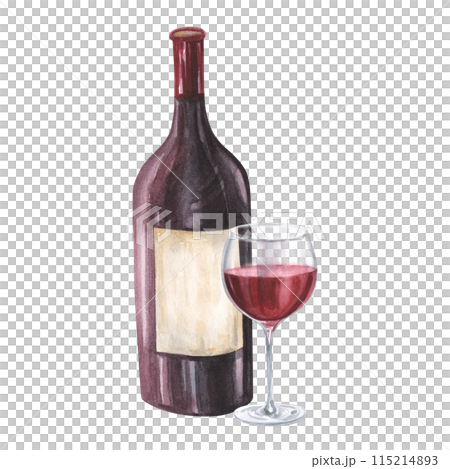 Bottle and glass of red wine watercolor illustration. Hand drawn isolated on white background. For restaurant, cafe, design, menu. 115214893