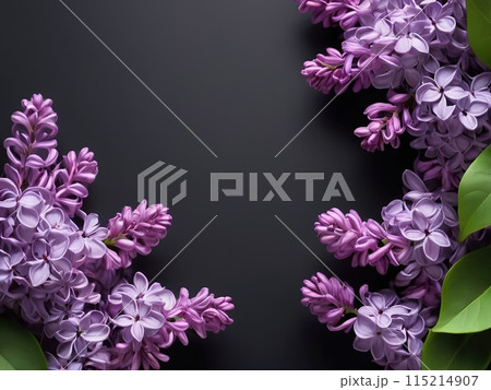 Purple lilac flowers background. Flat lay, top view aith empty copy space for text Purple lilac flowers background. Flat lay, top view aith empty copy space for text 115214907