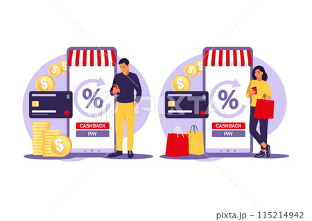 Cash back concept. Saving money. Loyalty program. Rebate program. Selling discount concept. Cash back service. Cost transfer. Vector illustration. Flat. 115214942