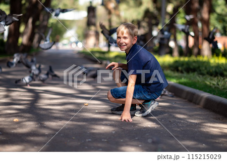 A boy in a blue T-shirt sits on the asphalt in the park and looks at the pigeons. 115215029