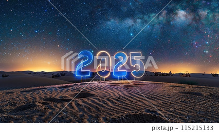 Postcard featuring 2025 symbols and numbers. Desert campsite with glowing 2025 sign under a starry sky. Generated AI. 115215133